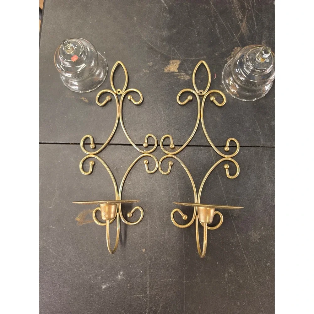 Vintage Brass Wall Sconces Set of 2 Etched Glass Peg Votive Candle Holders